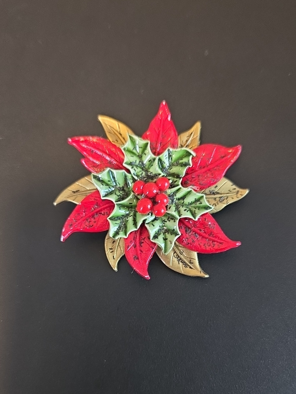 Gold Tone, Red and Green Poinsettia Pin